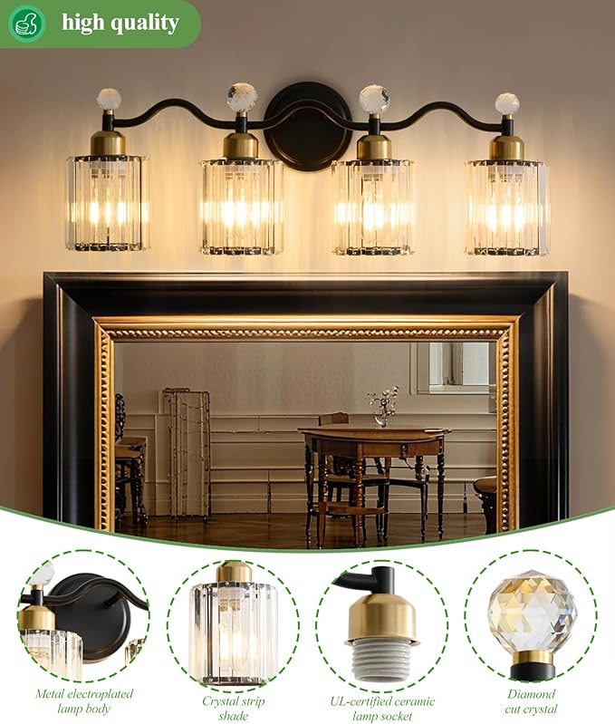 Modern Crystal Bathroom Vanity Light,Balck and Gold 4-Lights Bathroom Light Fixtures, Vanity Light Fixtures Over Mirror, Glass Wall Sconce Light for Bedroom, Kitchen, Living Room, Gallery, E26 Base