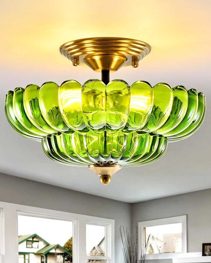 Black Semi Flush Mount Ceiling Light with Green Glass Shades, 3-Light Modern Farmhouse Lighting Fixture for Kitchen, Bathroom, Hallway, and Entryway