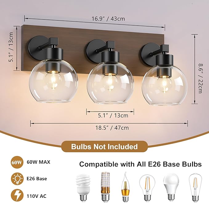 Farmhouse Bathroom Vanity Light Fixtures, Bathroom Light Fixtures Over Mirror,3-Light Rustic Black Wood Wall Sconces, Vintage Vanity Light for Bathroom with Clear Glass Shade (Black, 3-Light)