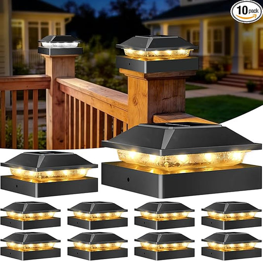 Peasur 4x4 Solar Post Cap Light 10 Pack, 2 Modes 16 LED Fence Deck Post Lights Waterproof, Black Post Lights Solar Powered Outdoor, Fit 4x4, 3.5x3.5 Wood/Vinyl Posts for Porch Fence
