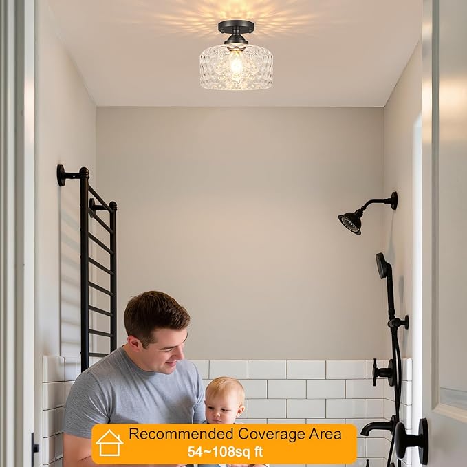 Small Semi Flush Mount Ceiling Light Fixture, Vintage Black Close to Ceiling Lighting with Hammered Glass Shade for Hallway, Kitchen, Entryway (Retro Design, Easy Install)