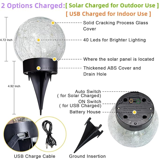 Beautyard Solar Globe Lights Outdoor Large Garden Decor USB Charged 4.72" Diameter 40LED 1000mAh Solar Lights Cracked Glass Globe Solar Power Yard Patio Garden (4.72'' Large 2 Pack Warm White)