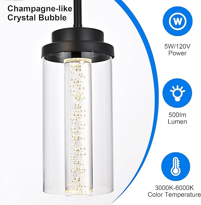MELUCEE 3 Packs Modern LED Pendant Light Fixtures 5 Color Temperature Pendant Lights Kitchen Island Lighting Adjustable Height Black Hanging Ceiling Lamp for Dining Room Bedroom, 3000K-6000K