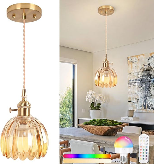 Battery Operated Pendant Light,Mini Hanging Lights RGB Rechargeable Light Bulb 2500mAh 5.1Inch with Remote Control Wireless Adjustable Rechargeable Chandelier for Kitchen Island Hallway