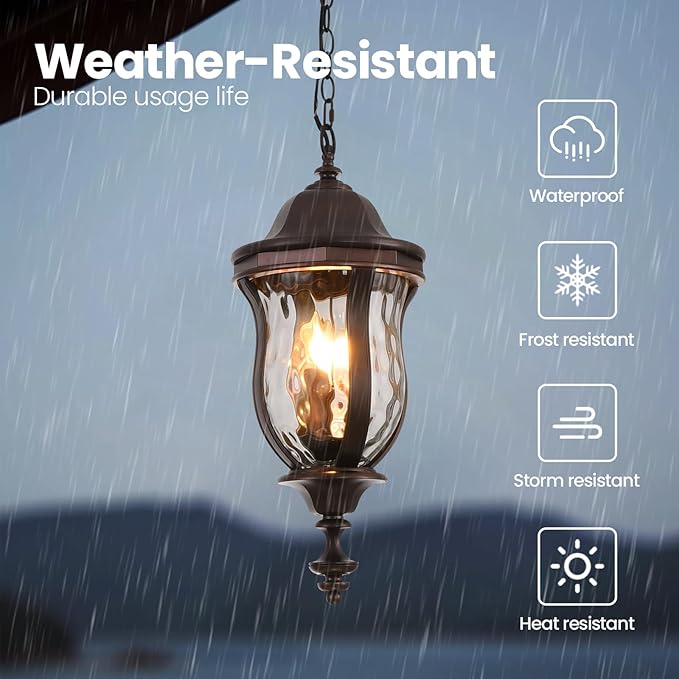 Large Outdoor Pendant Light Fixtures, 23.6'' Exterior Hanging Lantern Porch Light Adjustable, Brown Hanging Lamp Farmhouse Exterior Chandelier Ceiling Mount for Entrance Patio