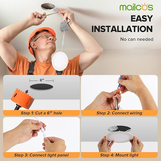 MAILCOS 24 Pack 6 Inch 5CCT Ultra-Thin LED Recessed Ceiling Light with Junction Box, 2700K-5000K Selectable, 1050LM High Brightness, Dimmable Canless Wafer Downlight, 12W 120V, ETL