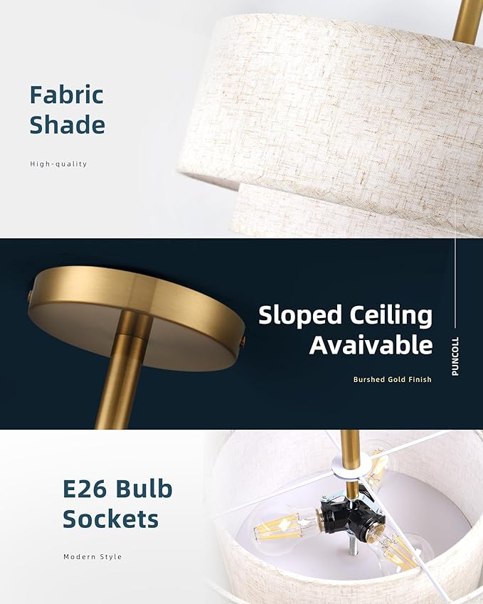 15.7 inch Modern Ceiling Light, Double Fabric Ceiling Lamp, 3 Light Gold Semi-Flush Mount Ceiling Lights, Round Ceiling Light Fixture for Bedroom, Kitchen, Dining Room, Hallway，Living Room