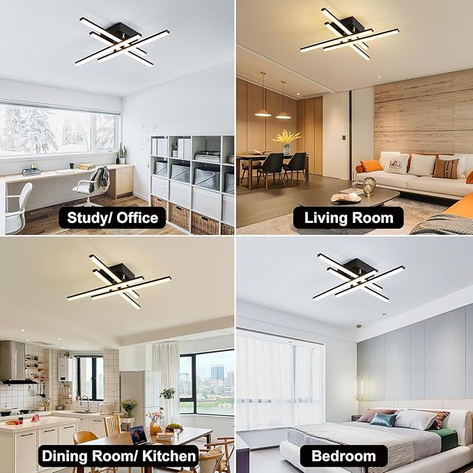 Modern LED Ceiling Light with Remote, Dimmable 24in Ceiling Lights for Bedroom Living Dining Room Kitchen, Black Flush Mount Ceiling Light Fixture LED Chandelier Ceiling Lamp (4-Light, 2000lm)