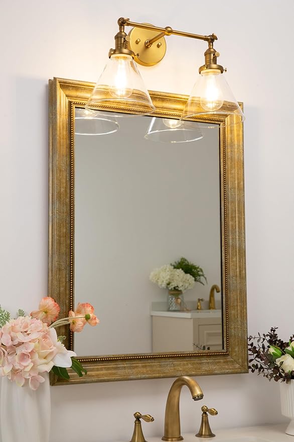 PERMO Double Sconce Vintage Industrial Gold 2-Lights Wall Sconces with Funnel Flared Glass Clear Glass Shade Antique Scocne for Bathroom Living Room Home Office