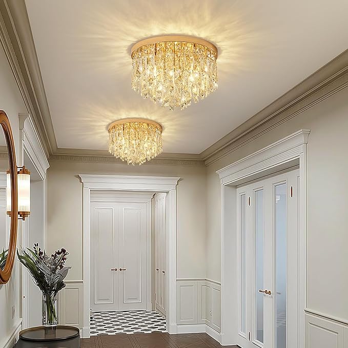 YMP&YZX Crystal Ceiling Light Fixture Flush Mount,15.7" French Gold Modern Crystal Chandelier with E12 Base Ceiling Lights for Bedroom Living Dining Room Hallway Closet Light Fixture 5-Light