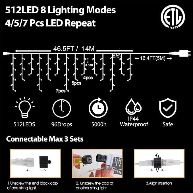 Halloween Icicle Lights Outdoor, 512 LED 46.5 FT 8 Lighting Modes with Timer & Memory, Curtain Fairy String Lights With 96 Drops for Halloween Decorations Holiday Party Eaves Yard (Purple & Orange)