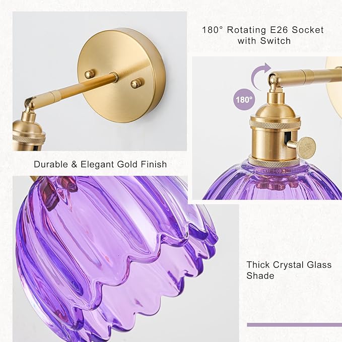 Wall Sconces Set of Two Hardwired, Vintage Sconce Light with Tulip Purple Glass Lampshade, Bathroom Wall Lights with Switch, Gold Wall Light Sconces Wall Decor Set of 2