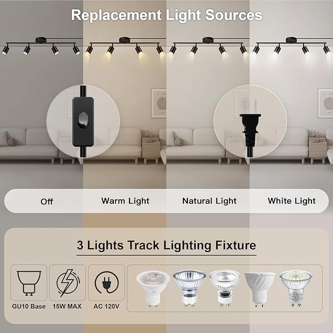 Plug in Track Lighting LED, Track Lighting Fixtures Ceiling, Black 4-Light Kitchen Light Kit, Plug in Wall Light with 14.8ft Power Cord, Rotatable Ceiling Spotlight for Bedroom(GU10 Socket, NO Bulb)