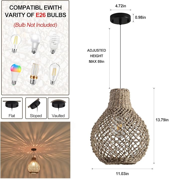 2-Pack Rattan Pendant Light,11.03" Boho Hand Woven Coastal Brown Wicker Hanging Lighting for Farmhouse Dining Room Kitchen Bedroom Hallway