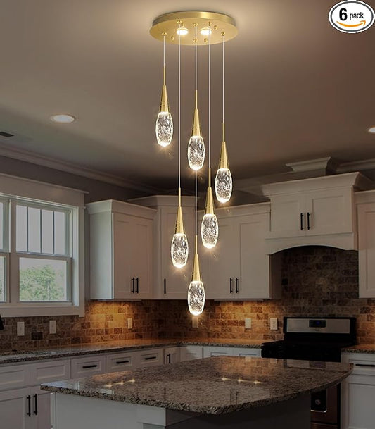 6-Lights Adjustable Pendant Lights for Kitchen Island LED Dimmable Light Fixture Modern Glam Crystal Hanging Lighting for Dining Room Bedroom Antique Gold