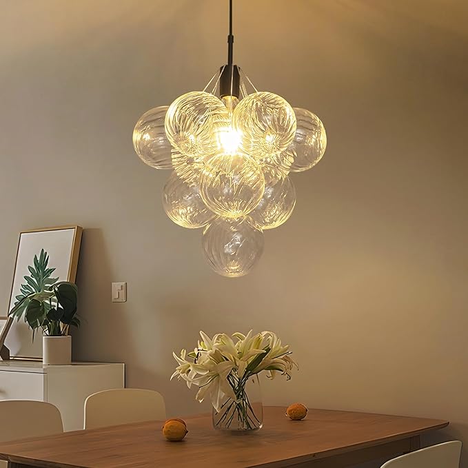 GoYeel Black Small Chandeliers 14.17", Modern Bubble Glass Pendant Light Fixture Dining Room Chandelier Ceiling Lights with 10 Swirled Globe or Foyer Bedroom Kitchen, 1 Light Include E26 Bulb