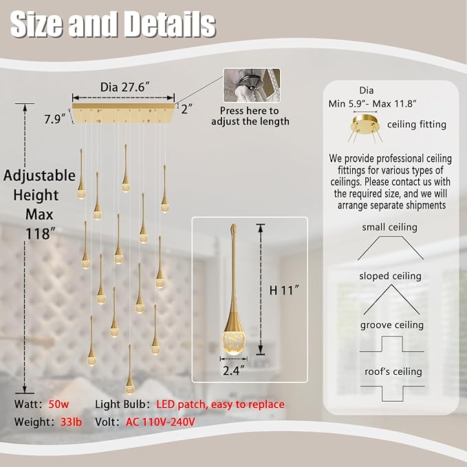 ykolupty 14-Light Modern LED Pendant Lighting Fixture for Kitchen Island Raindrop Crystal Chandelier Gold Chandelier for Dining Room High Ceiling Chandeliers for Staircase Foyer Hallway Villa