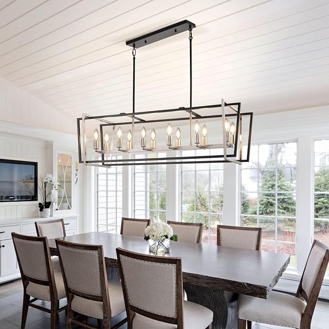 Farmhouse Dining Room Light Fixture/Chandelier Over Table, 12-Light Kitchen Island Lighting, Rectangle Pendant Lights Kitchen Island, Black and Sliver Hanging Chandeliers for Dining Room