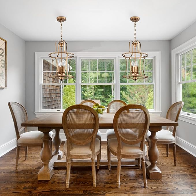 Modern Lantern Pendant Light 4-Light Lantern Chandelier Lighting, Rusty Gold Pendant Lights Kitchen Island Hanging Light Fixtures for Dining Room Hallway Living Room