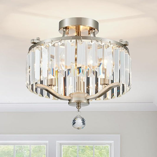 12.2'' Modern Brushed Nickel Crystal Ceiling Light Fixture Farmhouse 3-Light Semi Flush Mount Drum Chandelier for Dining Room, Bedroom, Kitchen, Hallway, Entryway, Foyer, E12 - MJ055BN