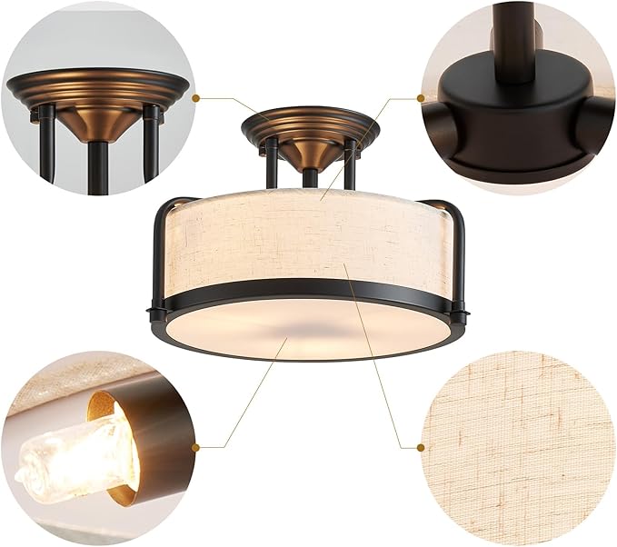 Modern Drum Ceiling Light, Semi-Flushmount Close to Ceiling Light Fixture for Living Room, Bedroom, Dining Room,Kitchen, D13 x 8 in, Linen Fabric Shade & Black Finish Metal Frame