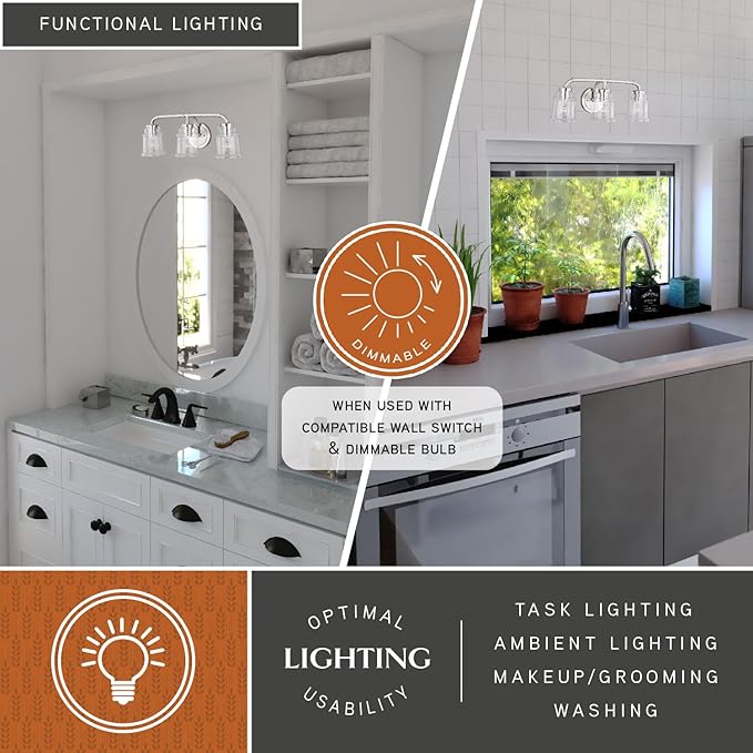 VAXCEL Toledo 3-Light 22 inch Wide Satin Nickel Industrial Bathroom Vanity Lighting Fixture, Clear Glass Shade, Dimmable, LED Compatible, Over The Mirror Mounted Steel Wall Sconce