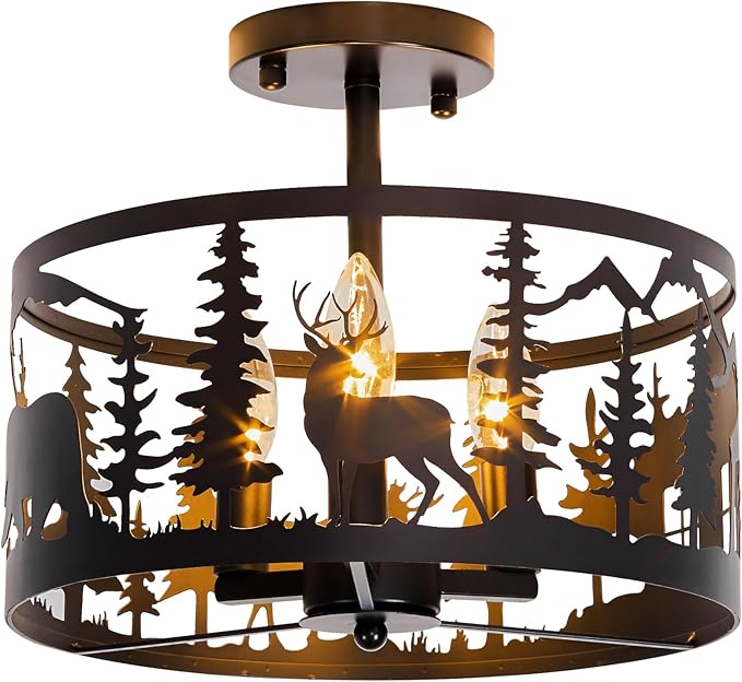 Rustic Semi-Flush Mount Ceiling Light Fixture,3-Light E12 Base Black Round Farmhouse Metal Light Fixtures for Kitchen, Hallway, Living Room, Industrial Style with Deer, Bear, Tree Design -Frame