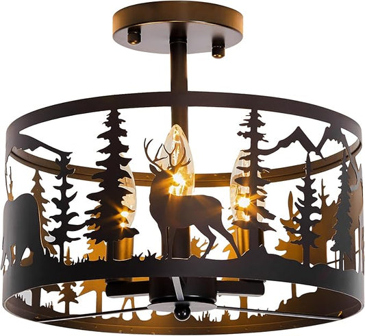 Rustic Semi-Flush Mount Ceiling Light Fixture,3-Light E12 Base Black Round Farmhouse Metal Light Fixtures for Kitchen, Hallway, Living Room, Industrial Style with Deer, Bear, Tree Design -Frame