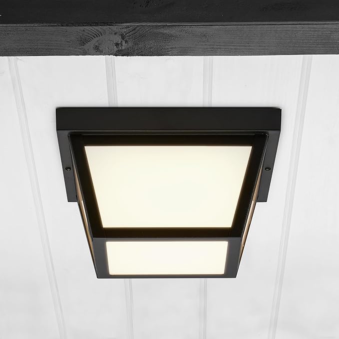 Maxxima 9" Black LED Outdoor Porch Ceiling Light Fixture - Features Frosted Lens, 3000K Warm White, 1,000 Lumens, Wet Rated, Ideal for Entryway, Patio, and Home Exterior Lighting