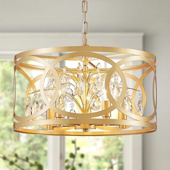 WUZUPS Crystal Chandelier 5-Light Vintage Farmhouse Pendant Ceiling Light Lighting Fixture for Foyer Diningroom Bedroom Hallway Storage Kitchen Bathroom, H 8.3" W 16.1", E12 Base, Gold