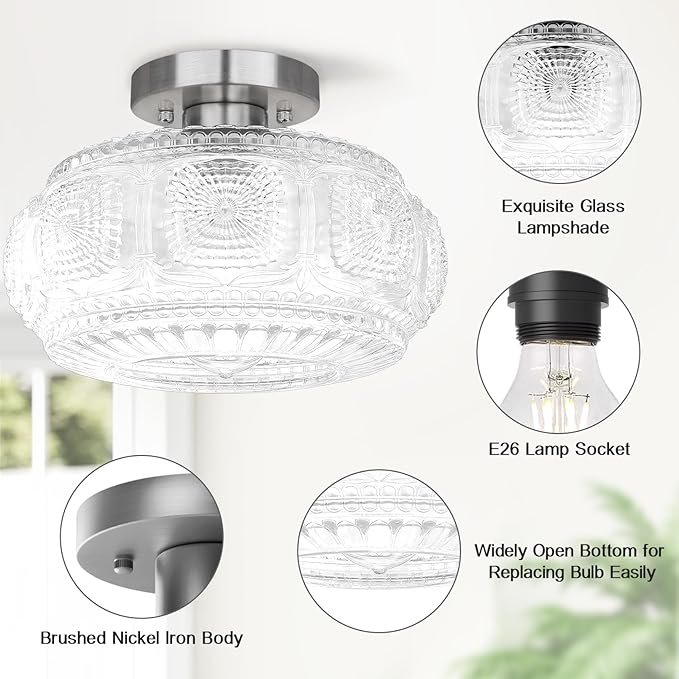 Semi Flush Mount Ceiling Light, Upgraded Larger Brushed Nickel Glass Ceiling Light Fixture, Vintage Lighting for Hallway Kitchen Bedroom Dining Room, Bulb Not Included