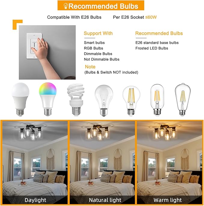 YYT Semi Flush Mount Ceiling Light Black 4-Light Kitchen Ceiling Light fixtures Kitchen Lighting Fixtures Cieling with Glass Shade for Bedroom Foyer Dinning Room