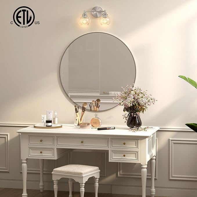 VONLUCE Bathroom Light Fixtures, 2-Light Vanity Lights with Globe Glass Shades E26 Sockets, Bathroom Lights Over Mirror for Bedroom Hallway Living Room, Brushed Nickel Finish, ETL Certificated