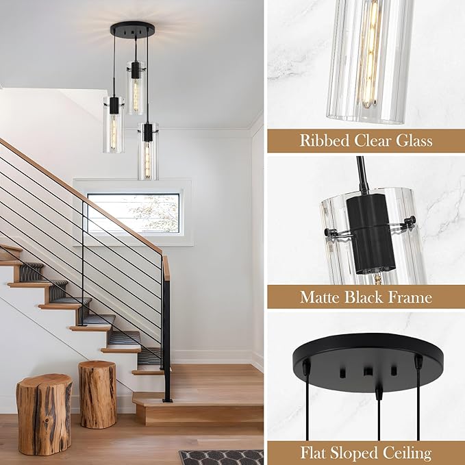 Modern Cluster Pendant Lights, Black Cluster Chandelier with Clear Ribbed Glass, 3 Light Pendant Lighting for Kitchen Island, Staircase, Dining Room, Living Room