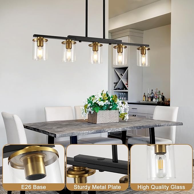 36.2inch 5-Light Kitchen Island Lighting,Dining Room Lights Modern Farmhouse Chandelier with Clear Glass Shade,Modern Rustic Black and Gold Metal Chandelier, Kitchen Pendant Light Fixtures