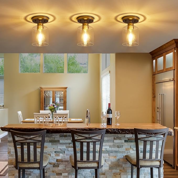 YYT Brushed Nickel Semi Flush Mount Ceiling Light, Small Hallway Light Fixture Ceiling, 1-Light Over Sink Lighting Fixtures Kitchen, Cieling Lights with Clear Glass Shade for Entryway Bedroom 1 Pack