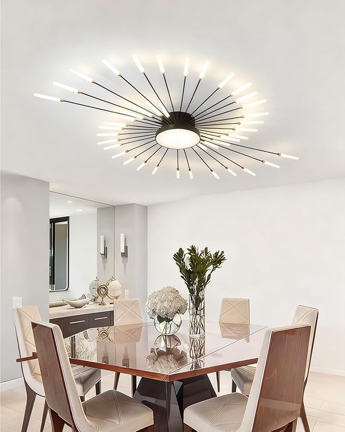 51 Inch Modern LED Ceiling Light 42+1 Lights Ceiling lamp Flush Mount Chandelier Black Interior Lighting for Living Room Dining Room Bedroom 4000K Fireworks Decoration Close to Ceiling Light