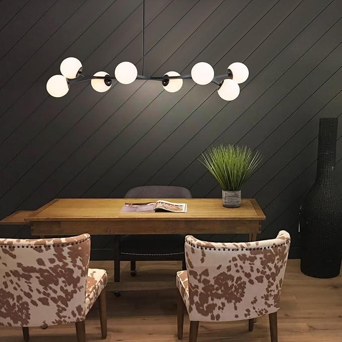 Lingkai 56" Large Black Modern Linear Chandeliers for Dining Room, Mid Century Modern Chandelier Pendant Light, 8-Light Globe Chandelier for Living Room Kitchen