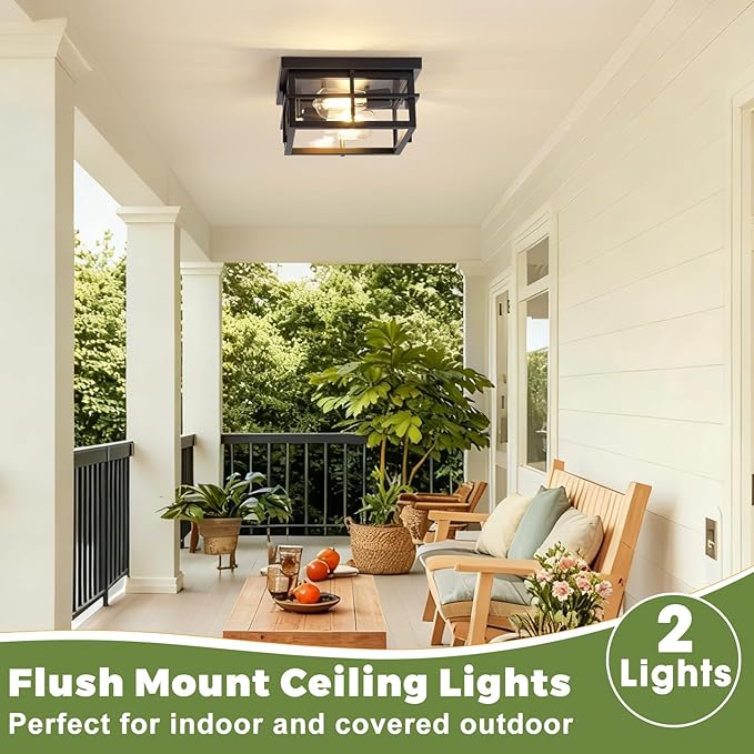2-Light Black Flush Mount Ceiling Light, Farmhouse Kitchen Lighting Fixtures with Clear Glass, Outdoor Porch Lights Ceiling Mount, Square Hallway Light Fixtures for Bedroom Living Room Balcony