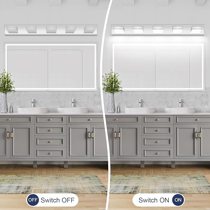 Bathroom Vanity Lighting Fixtures Over Mirror (5-Light, 40-Inch) Modern LED Bathroom Wall Lighting Fixtures, Chrome (Cool White 6000K)