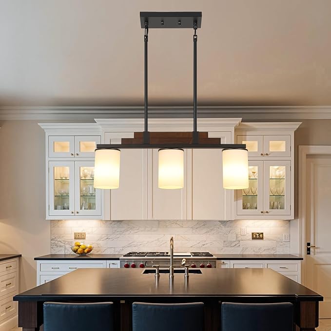 Farmhouse Wood Kitchen Island Lighting, 3-Light Adjustable Chandelier for Dining Room, Milk Glass Shade Dining Room Light Fixture Over Table, Black Hanging Pendant Lights for Kitchen, Pool Table