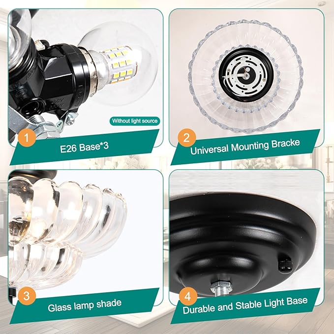 Semi Flush Mount Ceiling Light, Vintage Glass Close to Ceiling Light Fixtures with 3 Lights, Modern Black Flush Mount Ceiling Lights for Hallway, Bedroom, Kitchen, Living Room