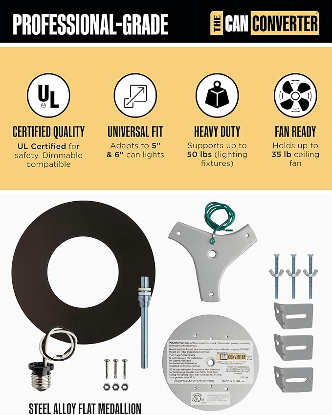 The Can Converter R56 Recessed Can Light Conversion Kit w/ 7"¾ Flat Ceiling Medallion - Home Improvement for 5" & 6" Cans, Converter Kit for Ceiling Fan & Light Fixture, UL Certified, Matte Black