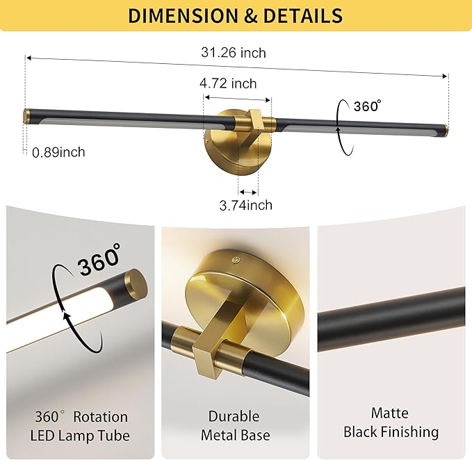 31" Black and Gold Vanity Light Bathroom Light Fixtures Over Mirror, 360° Rotatable LED Brushed Gold and Black Vanity Lights for Bathroom,18W 4000K Modern Vanity Light Bar for Bedroom Hallway Entryway