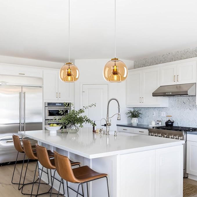Amber Glass Pendant Lights Kitchen Island Gold Hanging Light Fixture Glass Globe Pendant Light Modern Pendant Lighting for Kitchen Island Bedroom Dining Room (7.87", 3 Pack)
