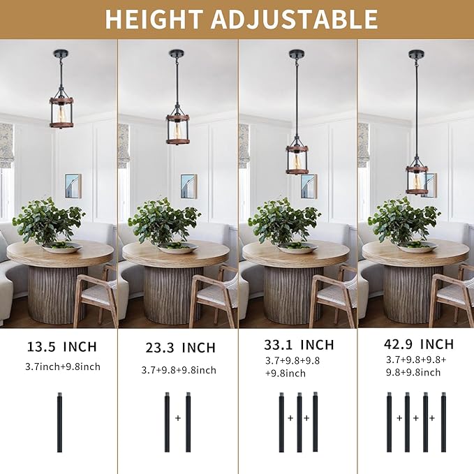 Farmhouse Pendant Light, Rustic Walnut Wood Metal Cage Hanging Light Fixtures with Glass, Adjustable for Flat and Slop Ceiling, Pendant Lighting for Kitchen Island Foyer Hallway,2-Pack