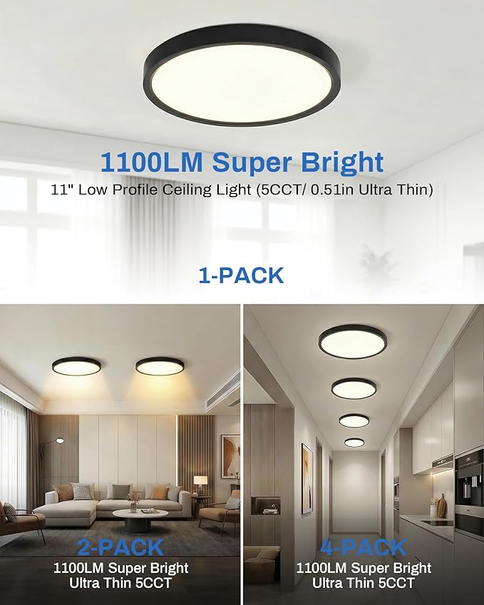 LEDYOND 11in Push-Fit LED Ceiling Lights 4 Pack Black, 0.52in Ultra Thin Flush Mount Light Fixture, 5CCT Selectable 3000K-6500K, 1100LM Dimmable Flat Panel Light for Home Renovation, IP44 ETL Listed