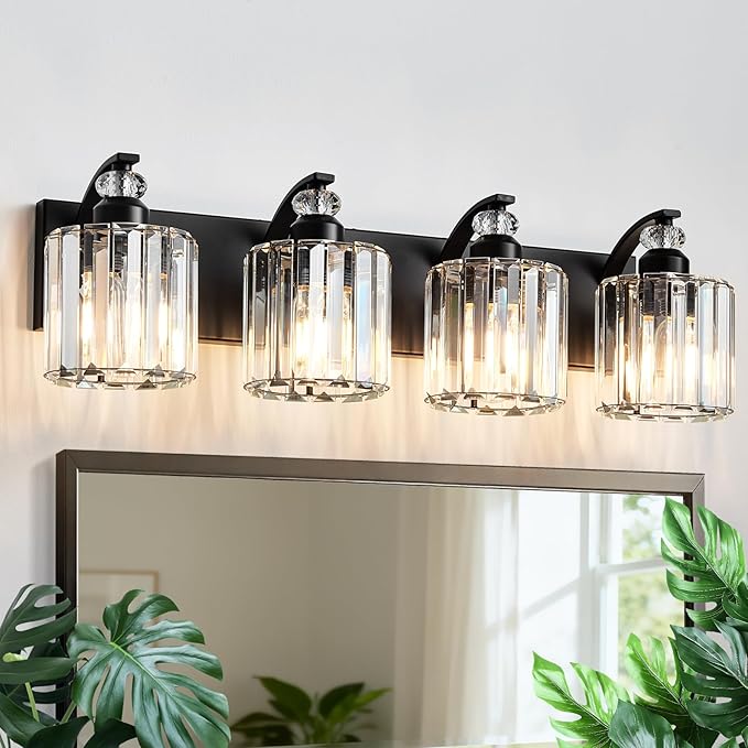 4-Light Black Bathroom Light Fixture Modern Vanity Lights Over Mirror Vintage Wall Sconce Lighting for Bathroom, Bedroom, Living Room, Hallway E26 Base with Crystal Bathroom Vanity Light