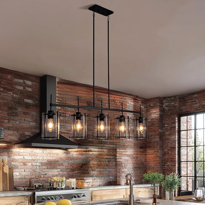 Farmhouse Linear Chandelier for Dining Room,Kitchen lsland Light Fixtures,5 Light Glass Chandeliers with Matte Black Finish,Height Adjustable L39.3”+W6.1”