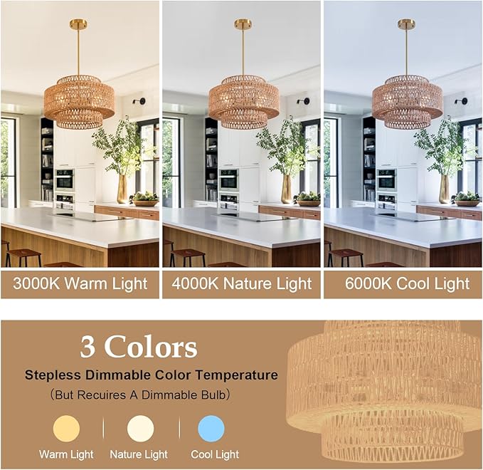 4-Light Boho Rattan Chandelier Light Fixture 17.7" 3-Tier Farmhouse Boho Chandelier Hand Woven Rattan Pendant Light Rustic